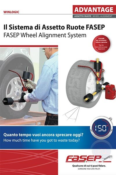 Das Bild zeigt eine Katalogseite von FASEP zur Achsvermessung mit mehreren rot-schwarzen Messsystemen, Bildschirmen und Sensorarmen, die auf Werkstattboden montiert sind.