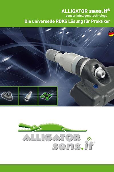 Das Bild zeigt die RDKS-Produktlinie Alligator sens.it mit mehreren Sensoren, Ventilen und Verpackungseinheiten, angeordnet auf weißem Hintergrund mit Markenlogo.