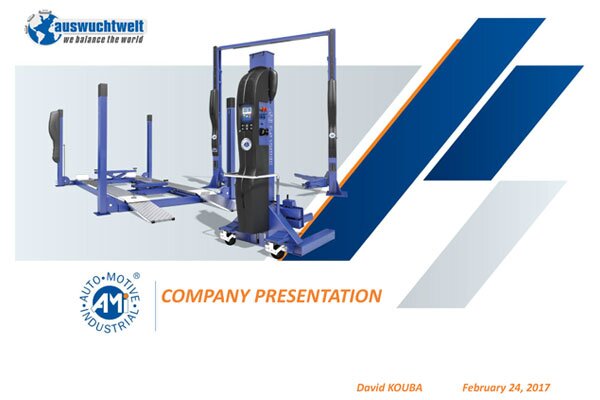 Das Bild zeigt die Titelseite einer AMI-Unternehmenspräsentation mit einem blauen Balken, dem AMI-Logo, stilisierten Zahnrädern und dem Schriftzug „Company Presentation“ auf hellem Hintergrund.