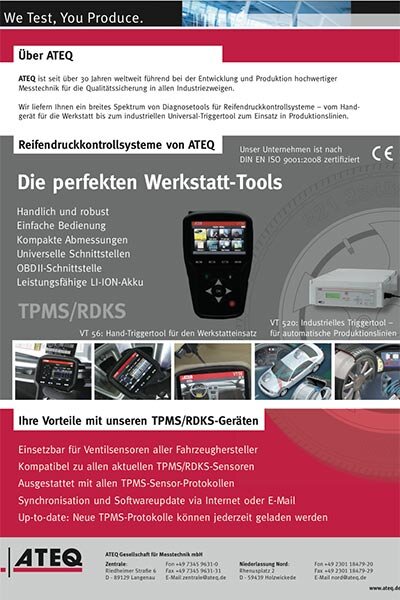 Das Bild zeigt ein ATEQ-Diagnosegerät zur RDKS-Programmierung mit Farbdisplay, Navigationstasten und Anschlussbuchsen, präsentiert vor weißem Hintergrund.