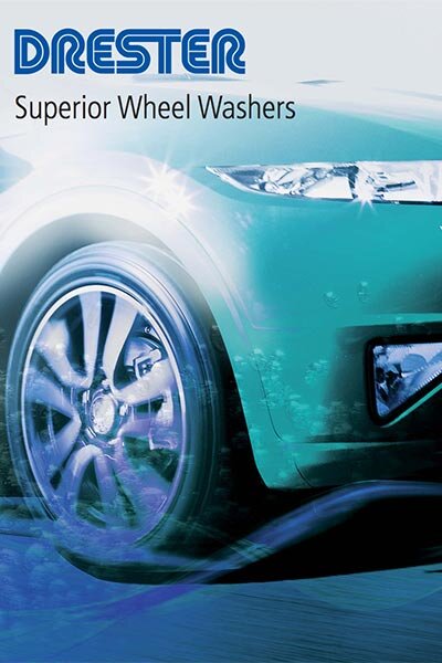 Das Bild zeigt ein Werbemotiv der Marke DRESTER mit dem Schriftzug „Superior Wheel Washers“ und einer dynamischen Darstellung eines glänzenden Autovorderreifens in Bewegung.