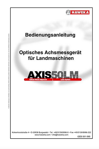 Das Bild zeigt das Titelblatt einer Bedienungsanleitung der Firma Haweka für das Achsvermessungssystem Axis 50, mit technischer Zeichnung eines Fahrzeugs auf der Vorderseite.