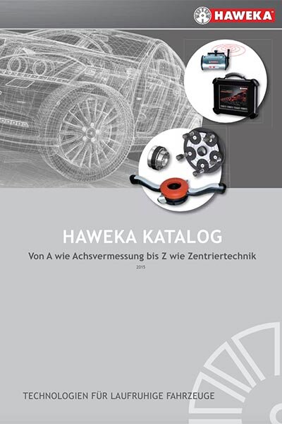 Das Bild zeigt das Titelblatt eines Haweka-Katalogs mit roten Spannsystemen, technischen Zeichnungen und einem Werkstattfahrzeug, kombiniert mit dem Haweka-Logo auf weißem Hintergrund.