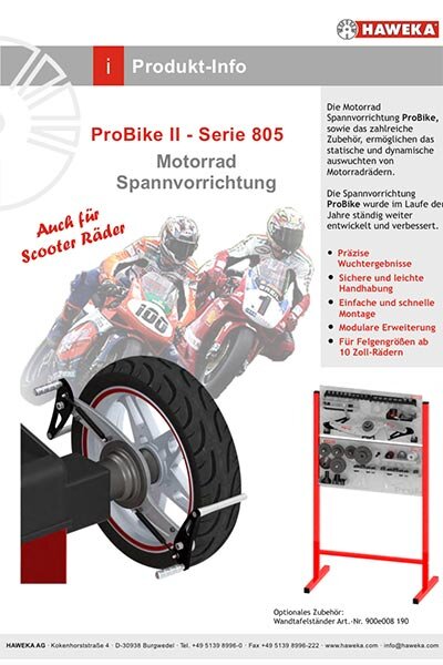 Das Bild zeigt mehrere Werkstattsysteme der Serie Probike zur Motorradvermessung, darunter Montageständer, Halterungen und Messgeräte, präsentiert in einer Werkstattumgebung mit Motorrädern.