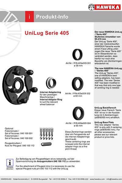 Das Bild zeigt eine Produktinformationsseite zum Haweka Unilug-System mit Fotos der Radaufnahmen, erklärenden Texten, technischen Zeichnungen und Anwendungshinweisen auf weißem Hintergrund.