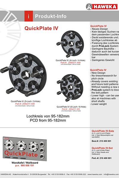 Das Bild zeigt eine Quick-Plate Radaufnahmeeinheit mit vier schwarzen Spannarmen und rotem Zentraladapter, platziert auf hellem Untergrund.