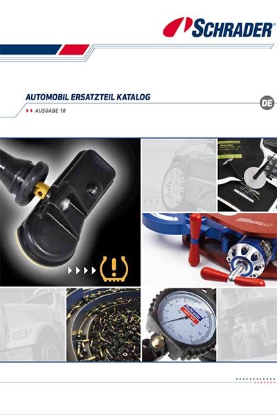 Das Bild zeigt das Titelblatt eines Schrader-Katalogs mit einer Nahaufnahme eines Reifens und RDKS-Sensors, ergänzt durch das Schrader-Logo und einen roten Designelementstreifen.