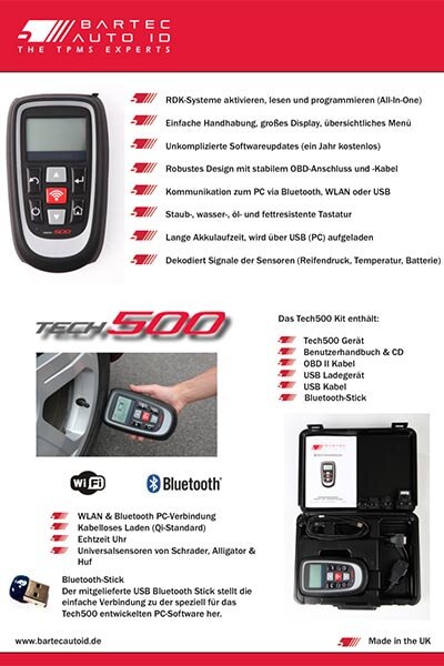 Das Bild zeigt das RDKS-Diagnosegerät TECH 500 in Nahaufnahme mit beleuchtetem Farbdisplay, Navigationstasten und robustem schwarzen Gehäuse mit roten Seitenteilen.