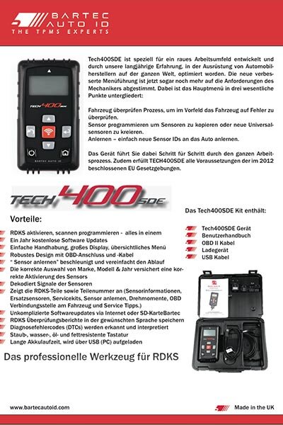 Das Bild zeigt das RDKS-Diagnosegerät TECH500 mit Farbdisplay, Navigationstasten und gummiertem Gehäuse, dargestellt auf weißem Hintergrund.