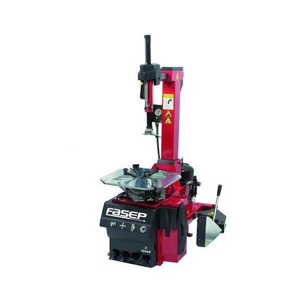 Das Bild zeigt eine rot-schwarze Reifenmontagemaschine der Marke Fasep. Die Maschine hat eine robuste Basis und ist mit einem vertikalen Arm ausgestattet, der für die Montage und Demontage von Reifen verwendet wird. Auf der linken Seite befinden sich Hebel und Bedienelemente. Über der Basis ist eine drehbare Plattform angebracht, auf der Reifen befestigt werden können. An der Maschine sind mehrere Sicherheitshinweise angebracht.