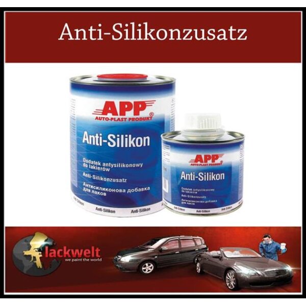 Das Bild zeigt zwei blaue Dosen mit der Aufschrift „APP AUTO-PLAST PRODUKT Anti-Silikon“, daneben steht in mehreren Sprachen „Anti-Silikonzusatz“. Oberhalb der Dosen steht in weißer Schrift auf rotem Hintergrund „Anti-Silikonzusatz“. Im unteren Bereich des Bildes sind zwei Autos abgebildet, daneben steht „lackwelt we paint the world“ mit einem Globus im Hintergrund und ein Mensch steht rechts neben einem Auto.