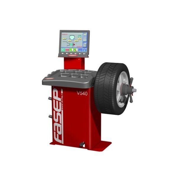 Auf dem Bild ist eine rot-weiße Reifenauswuchtmaschine zu sehen. Sie besteht aus einer roten Säule, auf der links der Markenname FASEP und das Modell V540 stehen. Auf der Oberseite befindet sich ein flacher Bereich mit mehreren Vertiefungen. Rechts davon ist ein Rad montiert. Oberhalb der Maschine ist ein Bildschirm angebracht, der ein Interface mit bunten Grafiken und Symbolen anzeigt. Die Maschine dient zum Auswuchten von Fahrzeugreifen.