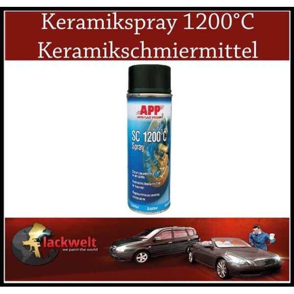 Das Bild zeigt eine Spraydose mit der Aufschrift „APP SC 1200°C Spray“ in der Mitte. Oben steht groß „Keramikspray 1200°C Keramikschmiermittel“. Unten sieht man ein rotes Feld mit zwei Autos und einer stehenden Person sowie das Logo und den Schriftzug „lackwelt we paint the world“.