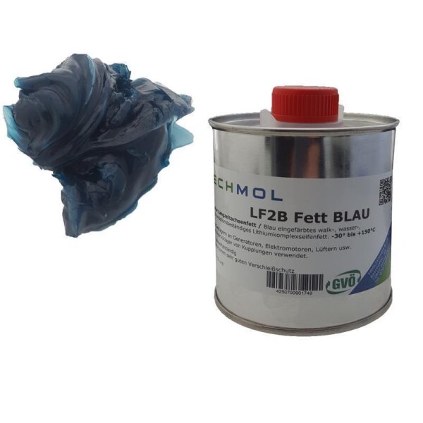 Das Bild zeigt eine Tube mit der Aufschrift TECHMOL LF2B Fett Blau und einer detaillierten Produktbeschreibung auf Deutsch sowie eine Portion blaues Fett neben der Tube. Die Tube ist weiß mit einem Etikett, das grüne, blaue und schwarze Schriften und Symbole trägt.