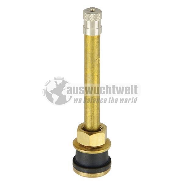 Das Bild zeigt ein metallisches Bauteil aus Messing mit zylindrischer Form, oben eine silberne Kappe, in der Mitte ein langes Messingrohr, unten eine Sechskantmutter und einen schwarzen Gummiring an der Basis; im Hintergrund ist das Logo „auswuchtwelt“ mit dem Slogan „we balance the world“ zu sehen.