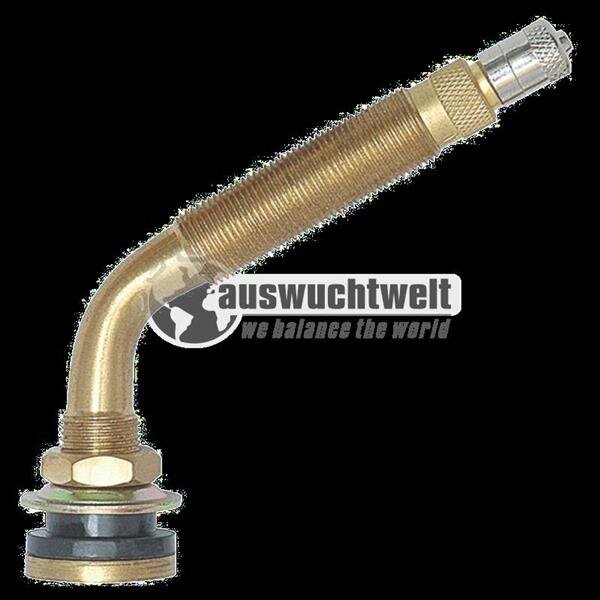 Das Bild zeigt ein schräg verlaufendes Metallventil mit einem abgewinkelten Hals, einer Metallmutter am unteren Ende und einer Gummidichtung darunter, wie sie typischerweise für Reifenventile verwendet werden; das Ventil ist golden mit einer silbernen Schutzkappe am oberen Ende, im Bild befindet sich mittig ein Logo mit der Aufschrift „auswuchtwelt we balance the world“.