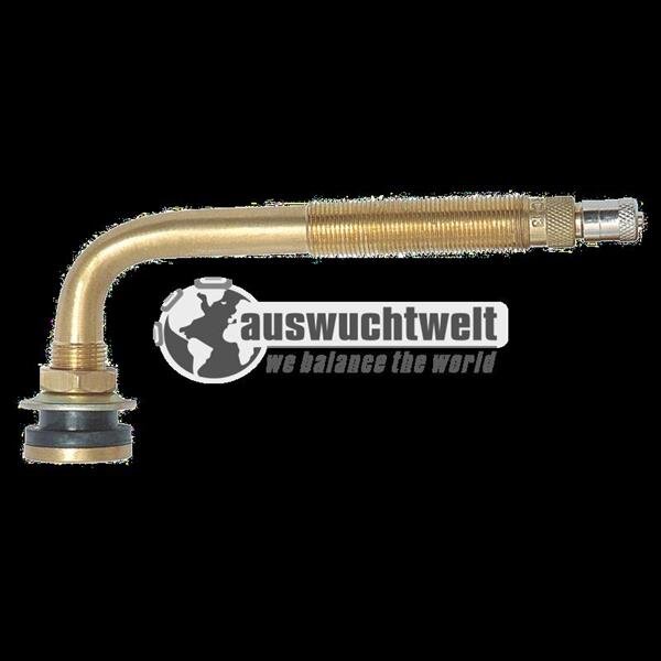Das Bild zeigt ein gebogenes, metallisches Ventil mit Gewinde und Dichtung, vermutlich für ein Fahrzeugrad, auf schwarzem Hintergrund. In der Bildmitte befindet sich ein Logo mit einer Weltkugel und dem Text „auswuchtwelt – we balance the world“.