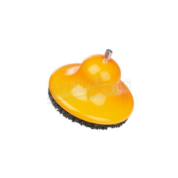 Das Bild zeigt eine orange-gelbe rotierende Reinigungsbürste mit Borsten an der Unterseite und einem metallischen Aufsatz zum Einspannen in eine Bohrmaschine.