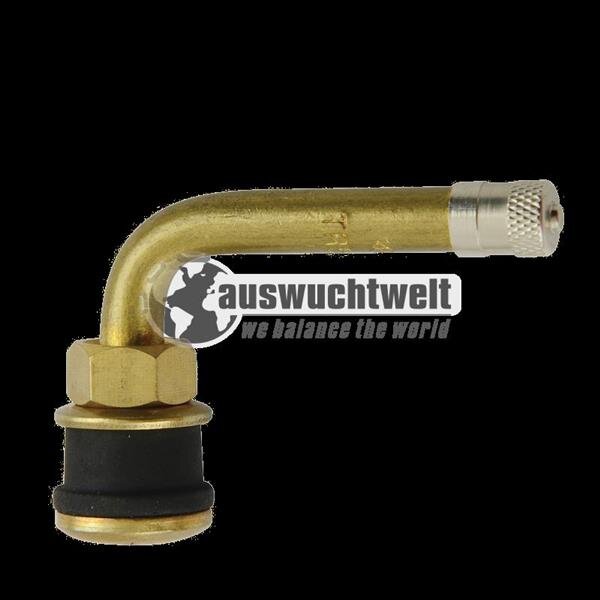 Das Bild zeigt ein Messingventil mit einem rechtwinklig gebogenen Ventilrohr und Verschlusskappe, das unten einen schwarzen Gummifuß zur Abdichtung hat; mittig ist das Logo „auswuchtwelt – we balance the world“ mit Globusgrafik platziert.