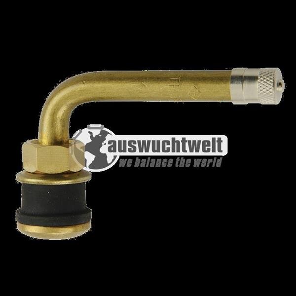 Das Bild zeigt ein metallisches, gebogenes Ventil mit einem Gummifuß. Das Ventil ist aus Messing und hat einen 90-Grad-Winkel. Am Ende befindet sich eine Verschlusskappe. Im Hintergrund ist ein Logo mit einer Weltkugel und dem Text „auswuchtwelt we balance the world“. Der Hintergrund ist komplett schwarz.