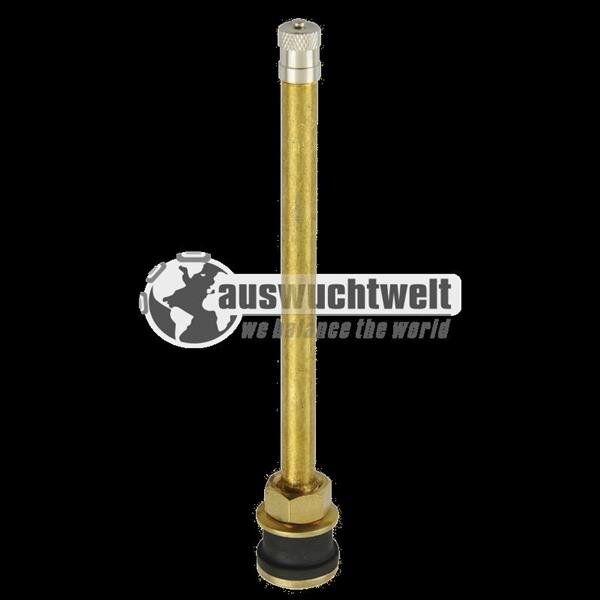 Das Bild zeigt ein langes, zylindrisches Metallventil aus Messing mit einer Verschlusskappe oben und einer Verschraubung sowie einer schwarzen Gummidichtung unten, vor schwarzem Hintergrund. Über das Ventil ist ein Logo mit einer Weltkugel und dem Text „auswuchtwelt we balance the world“ gelegt.