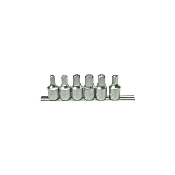 Das Bild zeigt ein Set von sechs silbernen Stecknüssen (Bits), die nebeneinander auf einer Metallschiene angeordnet sind. Die Stecknüsse sind unterschiedlich groß, von links nach rechts leicht ansteigend und dann wieder abfallend in der Größe. Jeder Stecknusskopf hat eine bestimmte Form, vermutlich handelt es sich um Inbus- oder Torx-Bits, die für Schraubarbeiten verwendet werden. Die Metallschiene dient zur ordentlichen Aufbewahrung der einzelnen Nüsse. Das Bild ist vor weißem Hintergrund aufgenommen und zeigt keine weiteren Gegenstände.