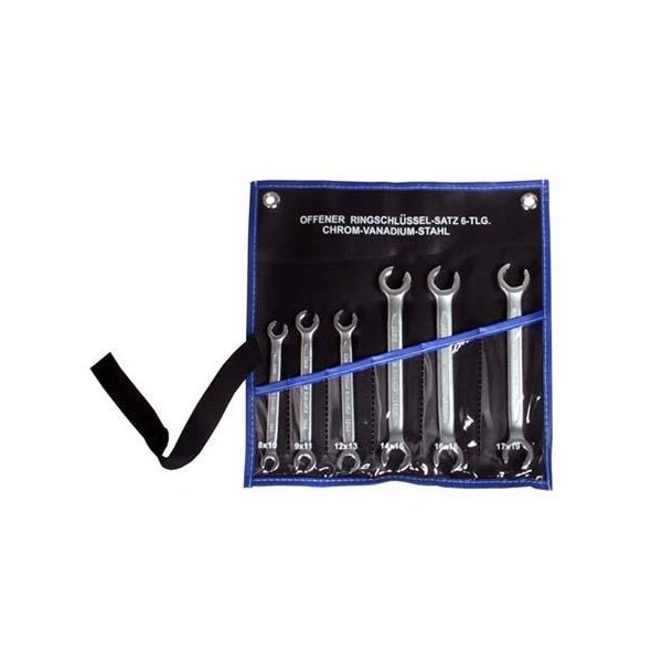 Das Bild zeigt ein Set aus sechs offenen Ringschlüsseln aus Chrom-Vanadium-Stahl, die in einer blauen und transparenten Rolltasche stecken; die Schlüssel sind von links nach rechts der Größe nach sortiert und in separaten Fächern untergebracht; auf der schwarzen Taschenoberseite steht in weißer Schrift: OFFENER RINGSCHLÜSSEL-SATZ 6-TLG. CHROM-VANADIUM-STAHL; die Größen der Schlüssel sind unter den jeweiligen Fächern aufgedruckt: 8x10, 9x11, 12x13, 14x15, 16x17, 17x19.