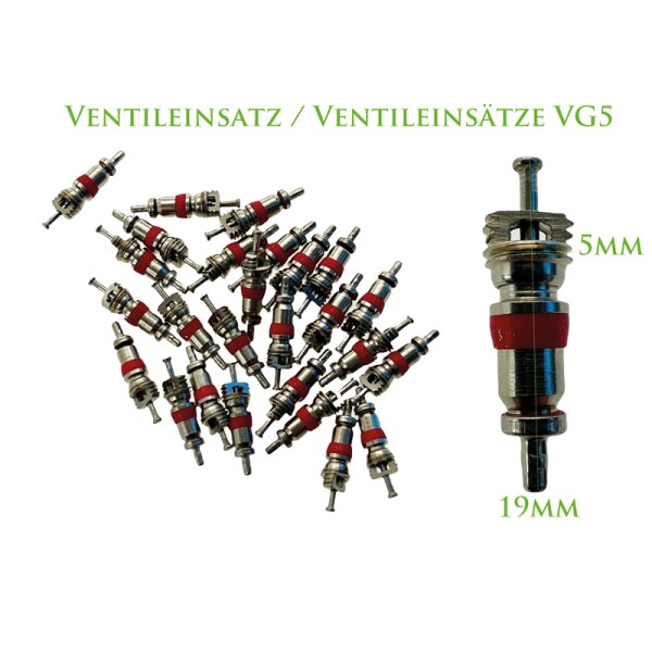 Mehrere kleine metallische Ventileinsätze mit rotem Dichtungsring liegen auf einem weißen Hintergrund, links als Häufchen, rechts ein einzelner Einsatz in Nahaufnahme; darüber der grüne Text: Ventileinsatz / Ventileinsätze VG5, rechts neben dem Einzelbild die grünen Maße 5MM (oben) und 19MM (unten).