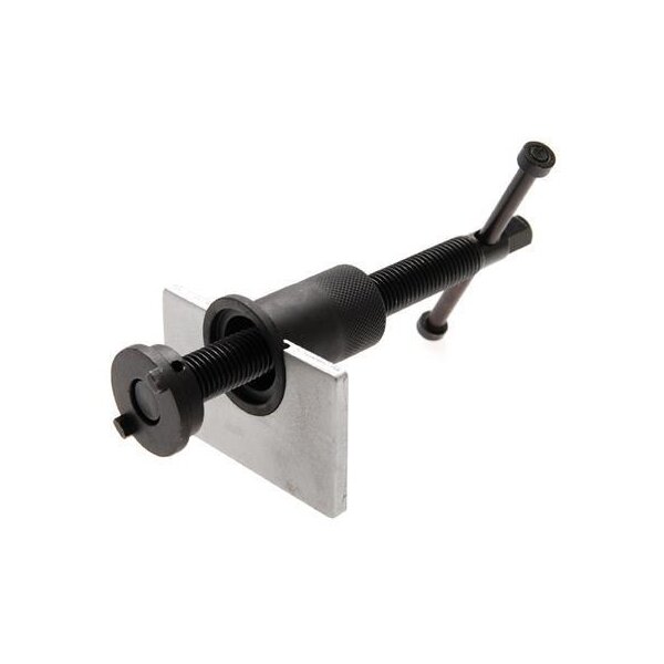 Das Bild zeigt ein Werkzeug aus Metall mit einer Gewindestange, einer Rändelmutter, einer rechteckigen Metallplatte und einem Hebelarm, das zur Rückstellung von Bremskolben bei Scheibenbremsen verwendet wird.