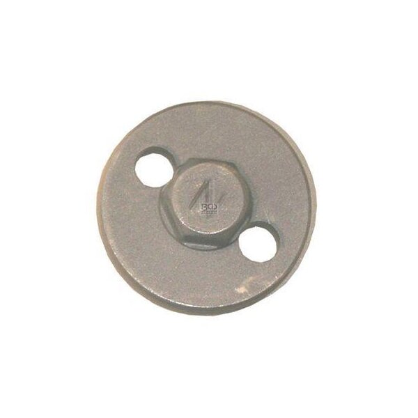 Das Bild zeigt ein rundes, flaches Metallteil in der Farbe Grau. In der Mitte befindet sich eine hexagonale (sechseckige) Erhebung, die aussieht wie der Kopf einer Schraube oder Mutter. Direkt daneben hat die Scheibe zwei runde, gleich große Löcher, die auf gegenüberliegenden Seiten der Mittelachse liegen. Das Teil wirkt massiv und ist matt, ohne glänzende Oberflächenstruktur. Es sieht aus wie ein Werkzeugaufsatz oder ein Maschinenteil.