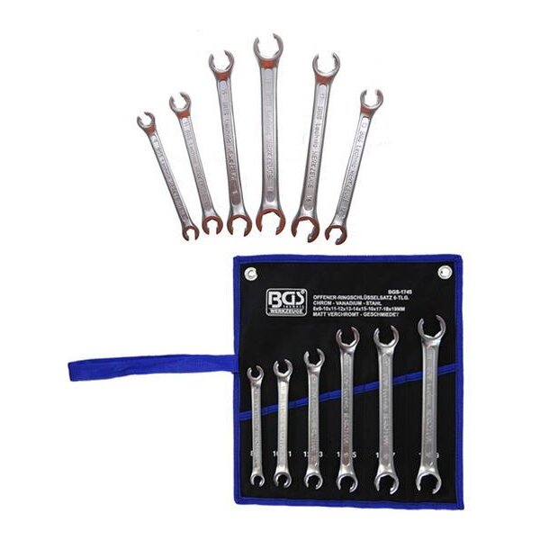 Auf dem Bild sind sieben doppelseitige offene Maulschlüssel aus Metall zu sehen, die oben einzeln angeordnet sind und unten ordentlich in einer schwarzen, aufklappbaren Werkzeugtasche mit blauer Umrandung stecken, auf der ein weißes Logo sowie Produktinformationen in weißer Schrift zu lesen sind.