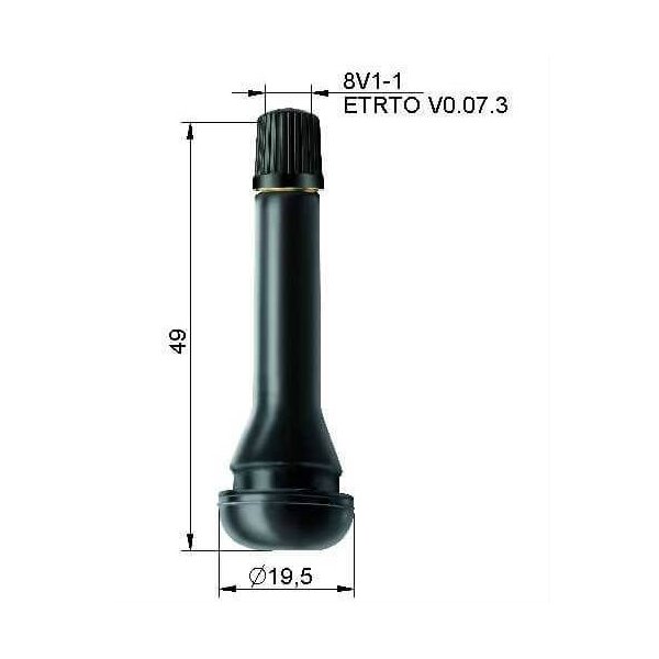 Das Bild zeigt ein schwarzes Gummiventil, das senkrecht steht. Oben befindet sich eine geriffelte Kappe, unten ein breiterer Sockel. Neben dem Ventil sind Maße eingezeichnet: Die Gesamthöhe beträgt 49 Millimeter, der Durchmesser am Sockel beträgt 19,5 Millimeter. Oben rechts stehen die Bezeichnungen „8V1-1“ und „ETRTO V0.07.3“.