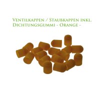 Das Bild zeigt mehrere orangefarbene Ventilkappen oder...