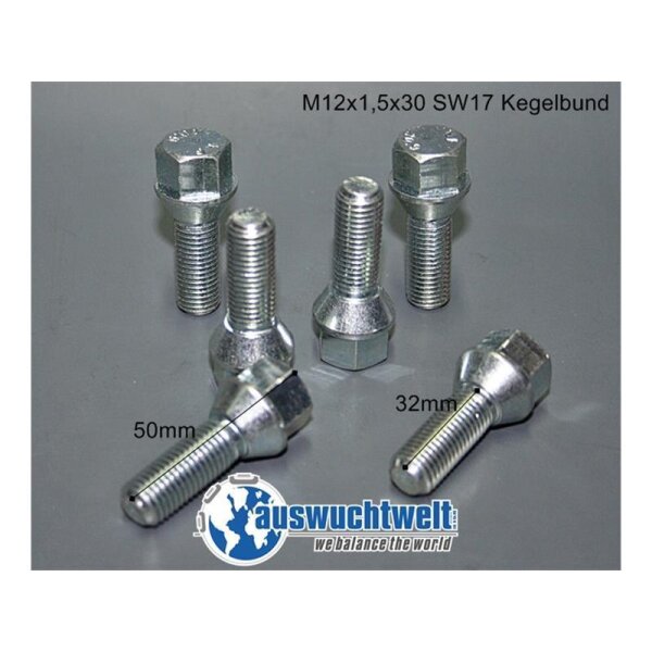 Das Bild zeigt sechs silberne Radschrauben aus Metall auf einer grauen Oberfläche. Drei Schrauben stehen aufrecht im Hintergrund, während drei weitere im Vordergrund waagerecht liegen. Zwei der liegenden Schrauben sind mit Längenangaben versehen: Die linke Schraube ist mit „50 mm“ und die rechte mit „32 mm“ beschriftet. Oben rechts im Bild steht die Bezeichnung „M12x1,5x30 SW17 Kegelbund“. Unten ist das Logo von „auswuchtwelt“ mit der zusätzlichen Zeile „we balance the world“ abgebildet.