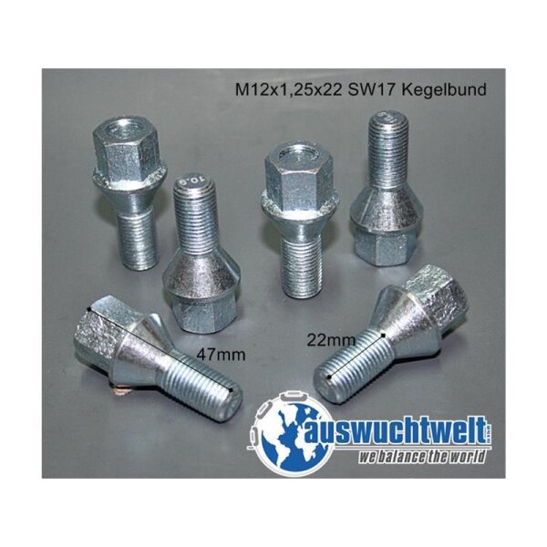 Das Bild zeigt sechs silberne Radschrauben unterschiedlicher Perspektive auf einem grauen Untergrund, darüber steht der Text „M12x1,25x22 SW17 Kegelbund“, bei zwei liegenden Schrauben sind die Längen 47mm und 22mm markiert, unten rechts ist ein rundes Logo mit einer Weltkugel und der blauen Aufschrift „auswuchtwelt we balance the world“.