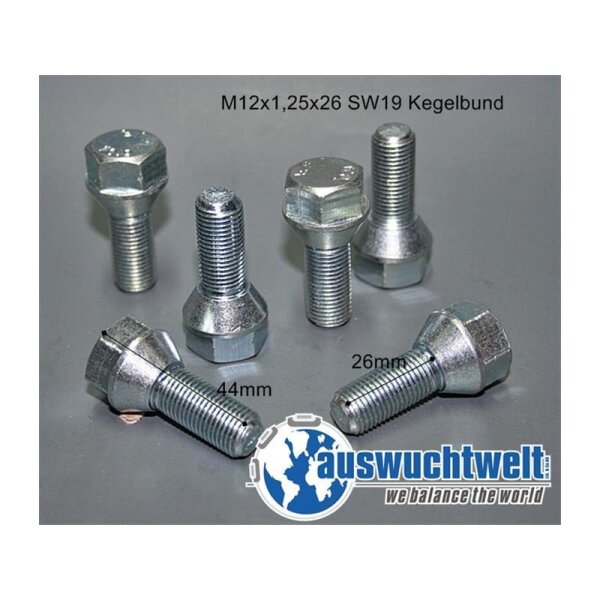Das Bild zeigt fünf silberfarbene Radschrauben mit Sechskantkopf, die auf einer grauen Oberfläche stehen oder liegen; darüber steht der Text „M12x1,25x26 SW19 Kegelbund“, zwei der liegenden Schrauben sind mit „44mm“ und „26mm“ beschriftet, unten rechts ist ein Logo mit einer blauen Weltkarte und dem Schriftzug „auswuchtwelt we balance the world“.