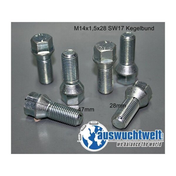 Das Bild zeigt sechs silberne Radschrauben aus Metall auf einer grauen Oberfläche, zwei sind liegend, vier stehen aufrecht; es sind die Maße und Bezeichnungen M14x1,5x28 SW17 Kegelbund, 47mm und 28mm zu sehen, unten rechts befindet sich das Logo mit Weltkugel und Schriftzug auswuchtwelt we balance the world.