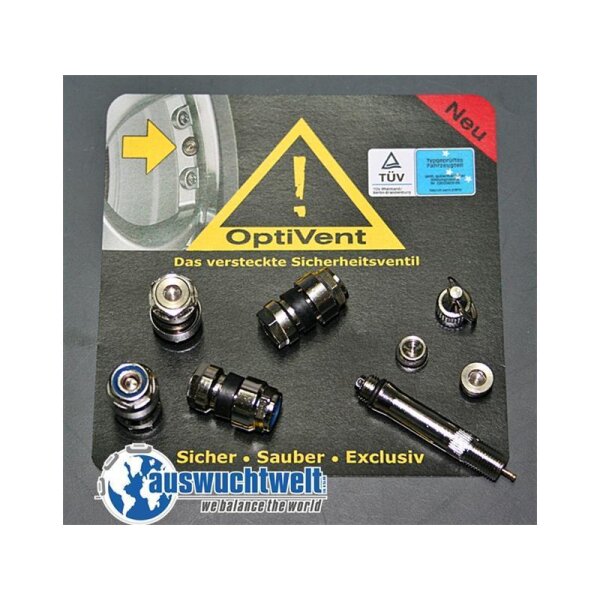 Auf dem Bild sind mehrere kleine Metallteile und Ventile auf einer schwarzen Karte angeordnet. Oben sind ein gelbes Warnschild mit Ausrufezeichen, der Text „OptiVent Das versteckte Sicherheitsventil“ und TÜV- sowie Prüfzeichen zu sehen. Rechts oben steht auf einem roten Streifen „Neu“. Im unteren Bereich der Karte steht: „Sicher . Sauber . Exclusiv“. Links unten ist das Logo von „auswuchtwelt“ mit einer Weltkugel und dem Zusatz „we balance the world“ abgebildet.