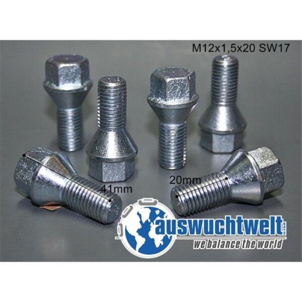Das Bild zeigt sechs silberfarbene Radschrauben mit Sechskantkopf auf einer grauen Oberfläche. Zwei der Schrauben liegen, vier stehen. Eine liegende Schraube ist mit „41mm“ beschriftet, eine andere mit „20mm“. Oben rechts steht der Text „M12x1,5x20 SW17“. Unten befindet sich ein Logo mit einer stilisierten Weltkugel und dem Text „auswuchtwelt we balance the world“.
