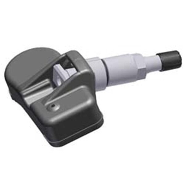 Das Bild zeigt einen Reifendrucksensor aus schwarzem Kunststoff und Metall, der typischerweise in das Ventil eines Autoreifens eingebaut wird.