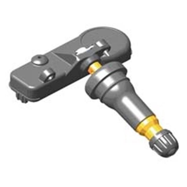 Das Bild zeigt einen Reifendrucksensor, wie er zur Überwachung des Luftdrucks in Autoreifen verwendet wird; das Bauteil ist überwiegend dunkelgrau mit einigen gelben Akzenten und besteht aus einem länglich-ovalen Gehäuse mit einem daran befestigten, schräg abgehenden Ventil.