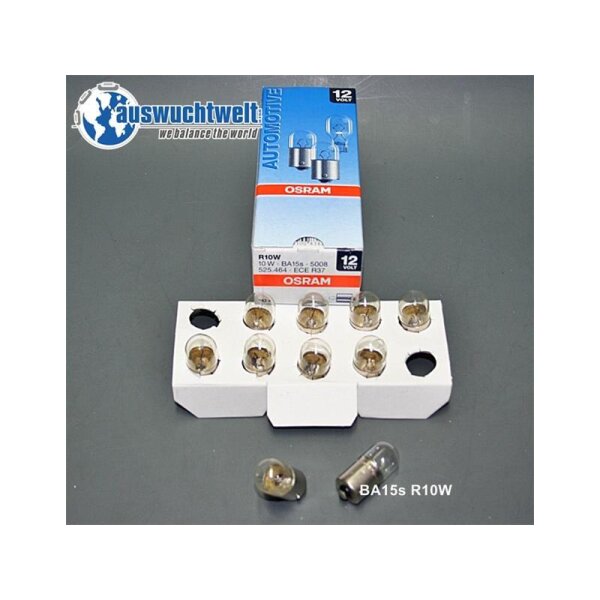 Das Bild zeigt eine Packung mit Autoscheinwerfer-Glühbirnen der Marke OSRAM. Auf der Verpackung steht AUTOMOTIVE, 12 VOLT, OSRAM und R10W 10W BA15s 5008 525.464 ECE R37. Vor der Packung liegen neun Glühbirnen in einer weißen Halterung sowie zwei einzelne Glühbirnen vor der Halterung. Auf dem Bild steht unten rechts BA15s R10W. Oben links ist das Logo und der Schriftzug der Firma auswuchtwelt we balance the world zu sehen.