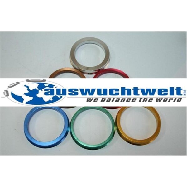 Das Bild zeigt sechs runde, metallisch glänzende Ringe in verschiedenen Farben. Die Ringe sind locker im Kreis angeordnet auf einem weißen Hintergrund. Die Farben der Ringe sind: silber, kupferfarben, rot, blau, grün und gold. Über dem Bild ist ein halbtransparentes Banner mit dem Schriftzug „auswuchtwelt“ und dem Slogan „we balance the world“ angeordnet. Links im Banner ist eine stilisierte Weltkugel mit einer Waage dargestellt.