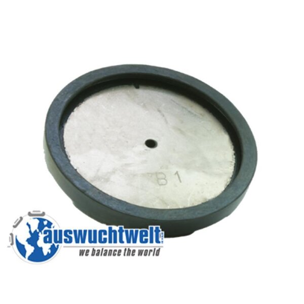Das Bild zeigt eine schwarze, runde Gummimatte oder -scheibe mit mehreren kleinen, aufgesetzten gummierten Flächen in zwei Formen: runde und längliche. Diese kleinen Flächen sind erhöht und dienen vermutlich als Haft- oder Schutzstellen. In der Mitte der Scheibe ist ein Loch, das möglicherweise zur Befestigung dient. Unten links im Bild ist ein Logo mit der Aufschrift auswuchtwelt - we balance the world zu sehen, das eine Weltkugel mit einer Person zeigt. Die Gesamtfarbe des Gegenstands ist schwarz, und es wirkt robust und funktional.