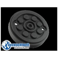 Das Bild zeigt ein rundes, schwarzes Gummipolster oder eine Dämpfungsscheibe. Es besteht aus einem dickeren äußeren Ring und einem inneren Bereich mit acht leicht erhöhten, runden Erhebungen, die kreisförmig angeordnet sind. In der Mitte befindet sich ein kreisförmiges Loch, das von einer erhöhten Kante umgeben ist. Auf der linken Seite des Polsters ist das Logo einer Firma mit dem Schriftzug auswuchtwelt und dem Slogan we balance the world zu sehen. Das gesamte Objekt liegt vor einem weißen Hintergrund.