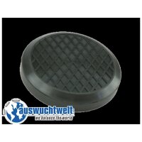 Das Bild zeigt einen schwarzen, runden Gummipuffer mit einem Durchmesser von schätzungsweise 15 bis 20 Zentimetern. Die Oberfläche des Puffers ist mit einem Rautenmuster versehen, das für besseren Halt und Stabilität sorgt. Am unteren linken Rand des Bildes befindet sich ein rundes Logo mit der Darstellung einer Weltkugel in Blau und Weiß, daneben steht der Schriftzug „auswuchtwelt“ in blauer Schrift. Darunter steht in kleinerer, schwarzer Schrift der Slogan „we balance the world“. Der Hintergrund ist weiß.