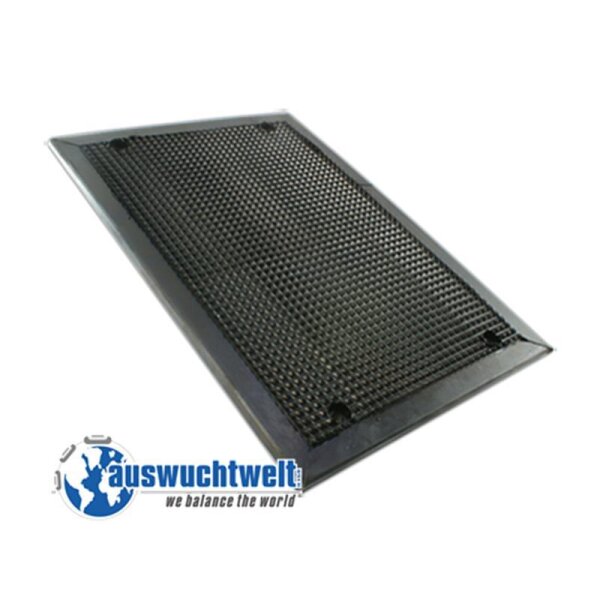 Das Bild zeigt eine rechteckige schwarze Matte mit einer geriffelten Oberfläche und abgerundeten Ecken, im unteren linken Bereich befindet sich das blau-weiße Logo mit der Weltkugel und dem Schriftzug „auswuchtwelt we balance the world“.