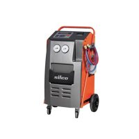 Das Bild zeigt eine orangene und graue Maschine auf...