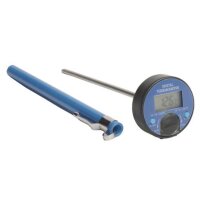Das Bild zeigt ein digitales Thermometer mit einer langen...