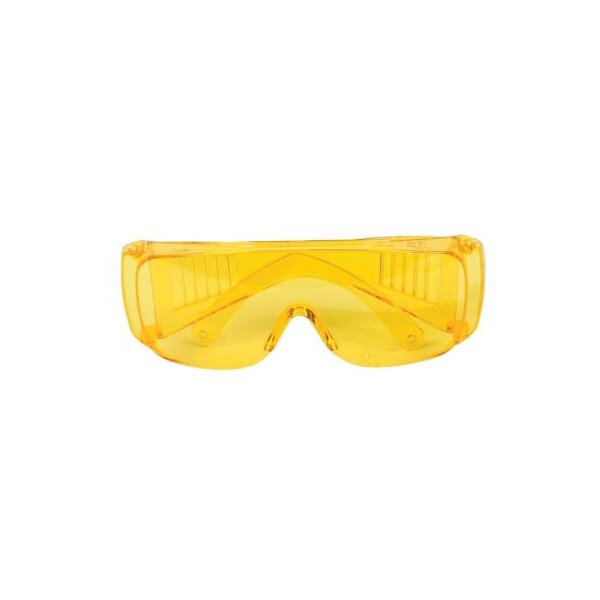 Das Bild zeigt eine Schutzbrille in durchgehend gelber Farbe. Die Brille ist aus Kunststoff gefertigt und hat ein großes, gebogenes Sichtfeld, das das ganze Auge abdeckt. Die Bügel, die hinter den Ohren liegen, sind ebenfalls aus gelbem Kunststoff hergestellt. Die Schutzbrille dient zum Schutz der Augen vor Staub, Splittern oder chemischen Spritzern.